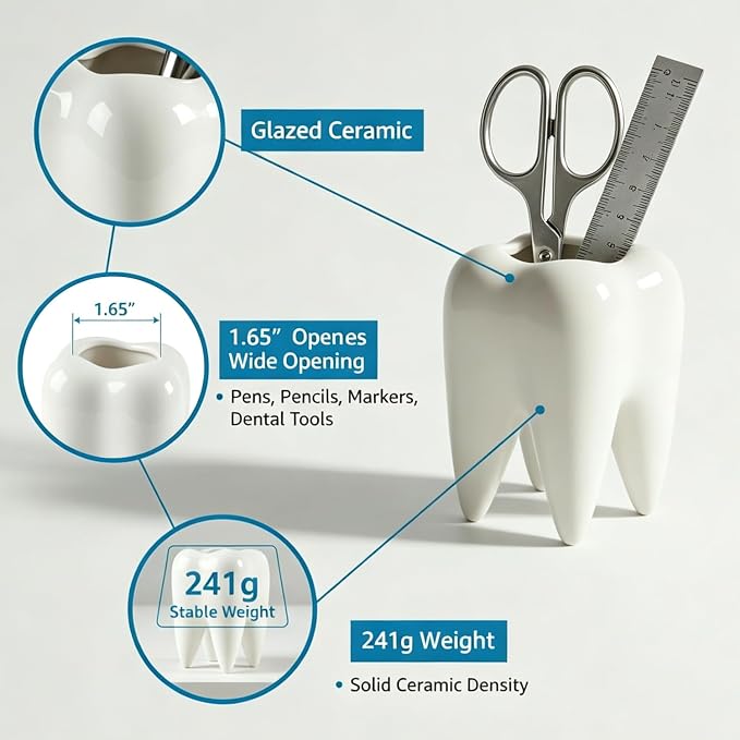 ComSaf Glazed Ceramic Tooth Pen Holder, Cute Molar Shaped Pen Cup - Dental Office Desk Organizer, Dentist Hygienist Graduation Gift, Funny Tooth Desk Accessories for Women Men, Small Succulent Planter
