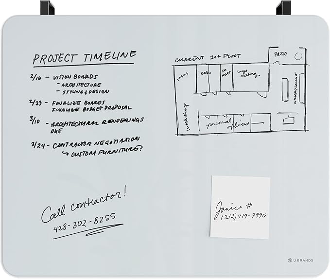 U Brands Magnetic Cubicle/Wall Glass Dry-Erase Board, 16" x 20" Inches, White Frosted Surface, Frameless