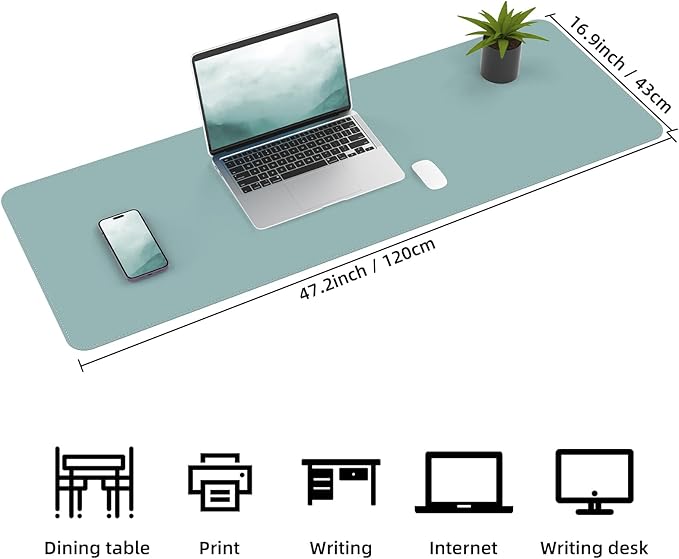 AFIING Leather Desk Pad Protector, 47" x 17" Large Desk Mat with Natural Cork & PU Leather, Mouse Pad, Non-Slip, Waterproof Desk Writing Pad for Office and Home (Light Blue)