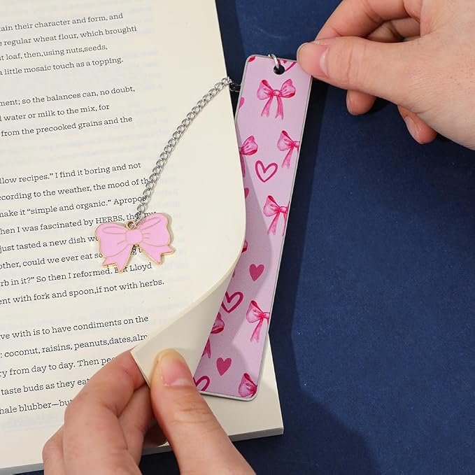 Pink Bow Metal Bookmark Gift Silver Chain Pendant with Bow for Women's Christmas Gift Book Lover Book Accessories School Supplies Office Stationery (Pink Bow)