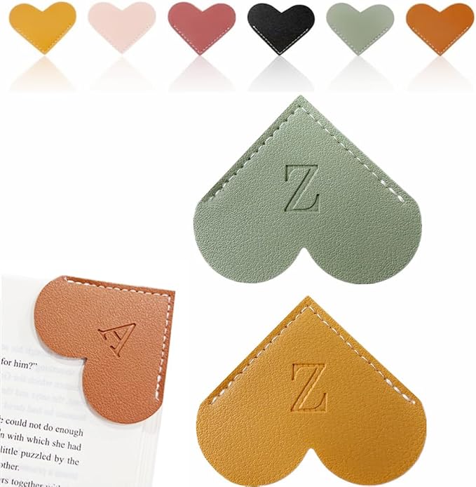 Personalized Leather Heart Bookmark, 26 Letters Customized Corner Book Mark for Reading Women, Book Marker with Initials，Cute Gifts (Green+Light Brown, Z)
