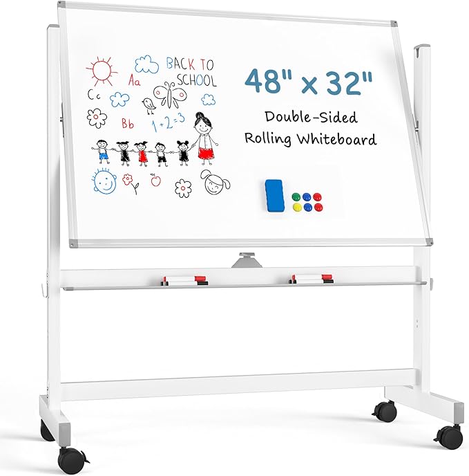 MaxGear Rolling Whiteboard, 48x32 Mobile White Board on Wheels, Double-Sided Magnetic Dry Erase Board with Stand, Adjustable Height Large Whiteboard for Home, School & Office, White