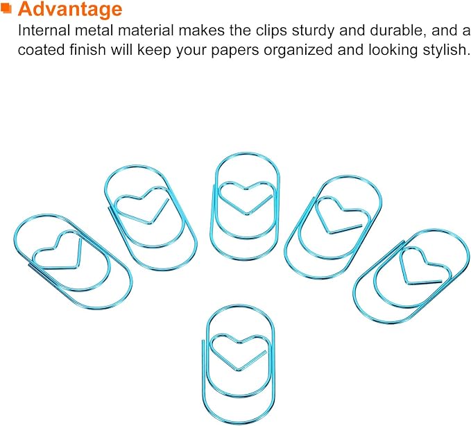 MECCANIXITY Paper Clip Heart-Shaped Cute Decorative Fun Clips Bookmarks 2 Inch Blue for Organize Office Home, Pack of 50