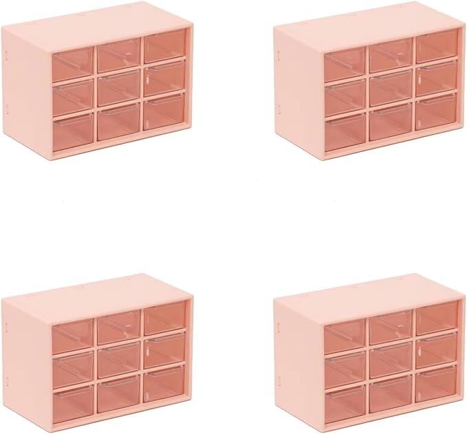 Feadily 4PCS Small Drawer Organizer for Desk, Desktop Drawer Organizer with 9 Clear Drawers, Plastic Desktop Storage Drawers 7.1 Inch x 3 .9 Inch x 4.7 Inch, Pink