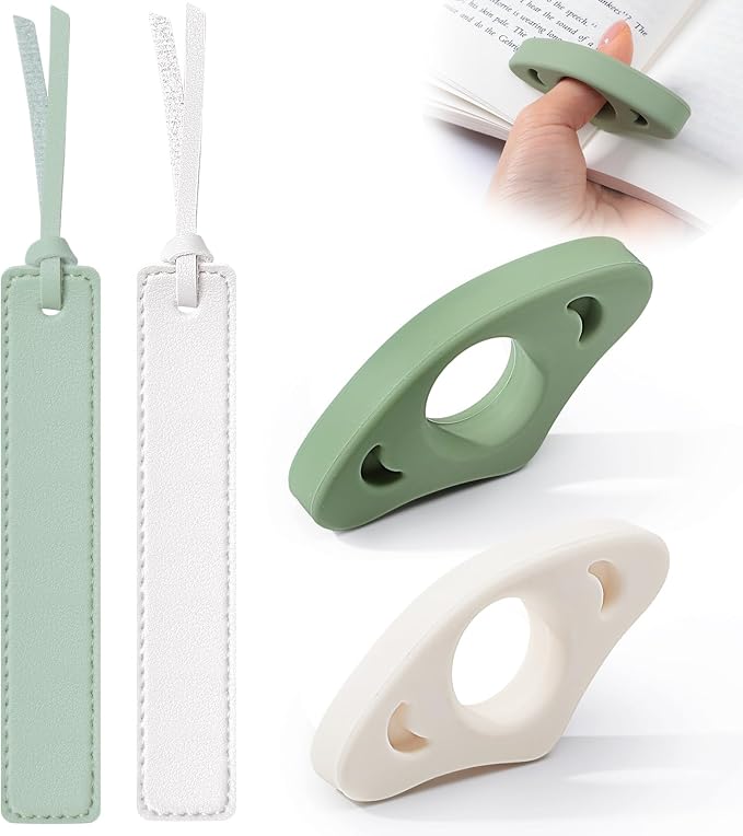 4Pcs Book Page Holder Set, 2Pcs Breathable Silicone Thumb Book Page Holder and 2Pcs Leather Bookmark, First Mothers Day Gift for New Mom, Reading Accessories for Book Lovers, Readers
