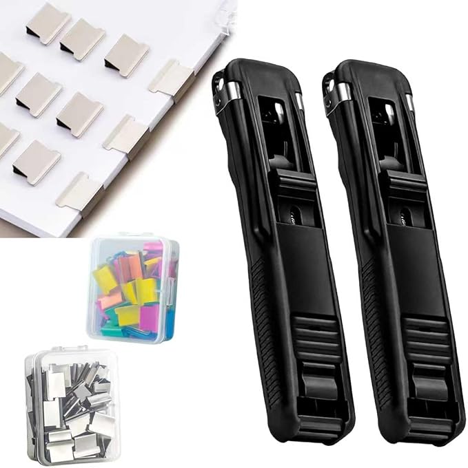 Portable Binder Clip Stapler - Includes 50 Reusable Clips Desktop Push Stapler Binder Clip Paper Clamps Handheld Reusable Push Paper Dispenser for Document School Office (2PCS H)