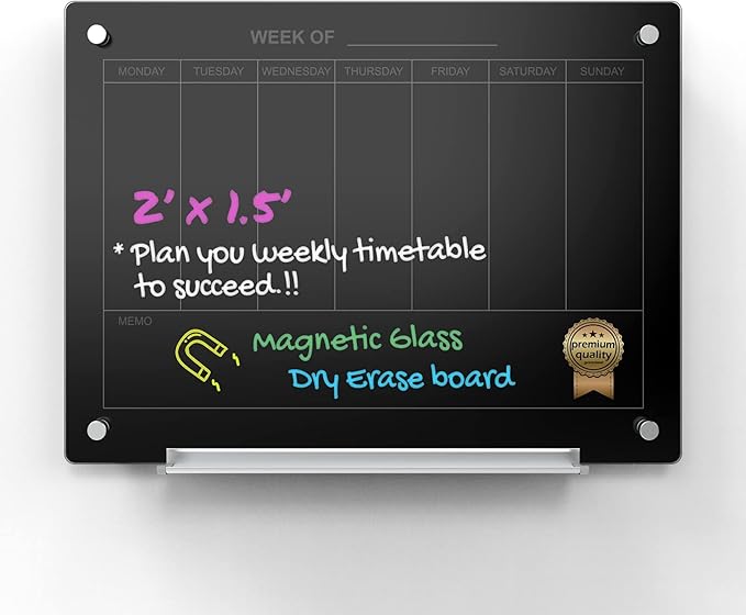 Audio-Visual Direct Magnetic Black 7 Day Calendar Glass Dry-Erase Board Set - 2' x 1.5' - for Wall - Weekly Planner