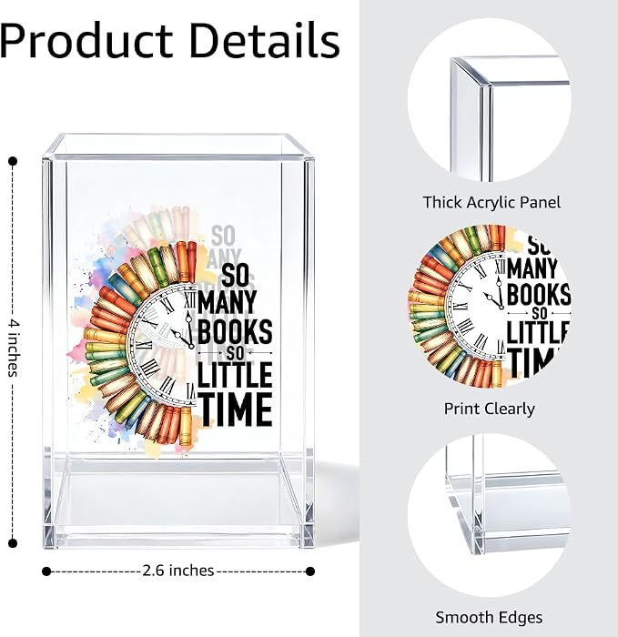 So Many Books So Little Time Acrylic Pen Holder Cosmetic Organizer, Funny Book Pen Pencil Cup for Desk, Reading Nook Accessories, Bookish Gifts for Book Lover Librarian Bookworm Reader Teacher