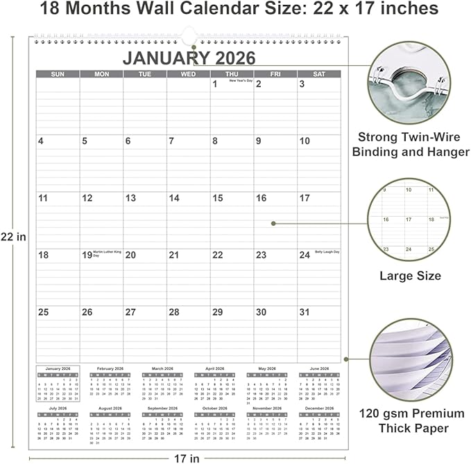 Large Calendar 2026 with Spiral Bound - 18 Month Big Calendar from January 2026 to June 2027, Vertical Large Monthly Calendario 2026 for Wall, 22" x 17", Black