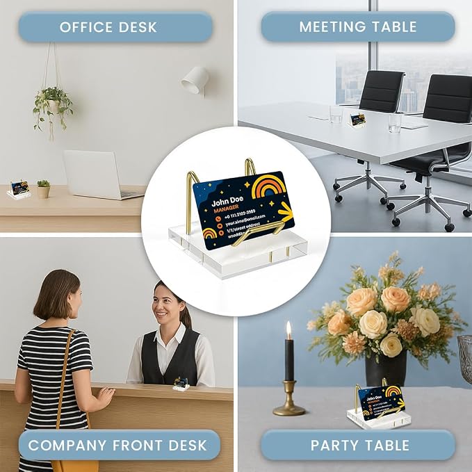 Acrylic Business Card Holder Display | Business Card Organizer for Desk | Gold Business Card Holder with Acrylic Base | Office Desk Accessories & Office Supplies for Desk (A)