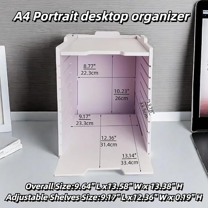 A4 Wooden Desk Letter Tray, Paper Organizer Storage with Adjustable Shelves, Stackable File Sorter for Notes, Pens, File Paper and Desk(Portrait-8tray(with 7 Adjustable Shelves))
