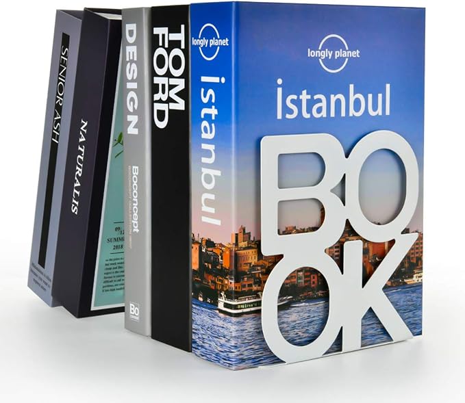 Book Ends - Decorative Metal Book Ends Supports for Bookrack Desk,Books, Unique Appearance Design,Heavy Duty (White, 4 Pair)