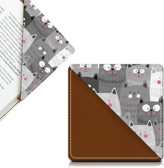 Cute Leather Bookmarks, Fun Triangle Making Corner Bookmark, Book Accessories for Reading Book Lovers, Unbreakable Page Markers for Women Men Cute Grey Cats