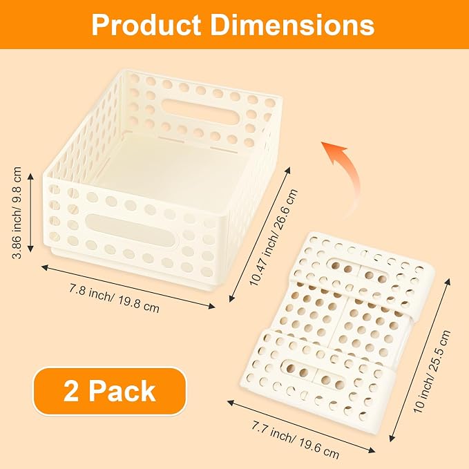 SAYEEC 2 Pack Mini Foldable Plastic Baskets for Organizing Collapsible Crate with Handle Stackable Storage Bin Small Storage Container Box Caddy Desk Drawer Organizer for Home Office Classroom (Beige)