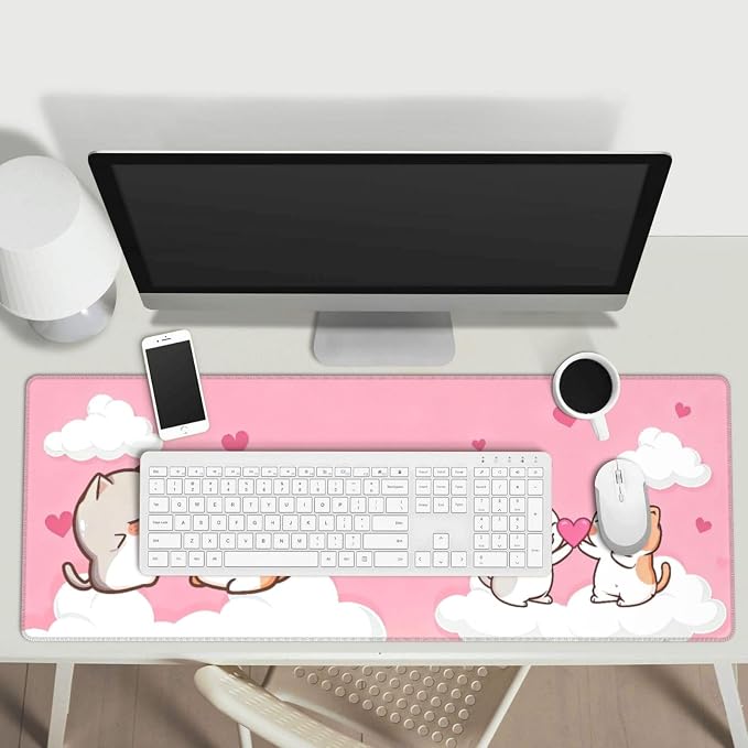 Pink Cat Cute Gaming Mouse Pad Desk Mat for Home and Office, Large Mousepad Extended Keyboard Pad Stitched Edge Accessories Decor