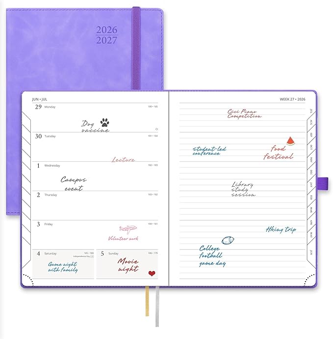 POPRUN Weekly Planner 2026-2027 (Medium 6.5''x 8.5'') Academic Calendar (JUL.26 - JUN.27) Appointment Book with Monthly Tabs, Leather Soft Cover, Inner Pocket, 100 GSM - Lilac