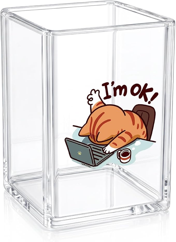 Funny Cat Pen Holder For Desk - I'M Ok Tired Cat Pencil Cup Clear Acrylic Makeup Brush Holder, Sarcastic Office Decor, Relatable Workplace Humor Desktop Organizer, Cute Coworker Gag Gift