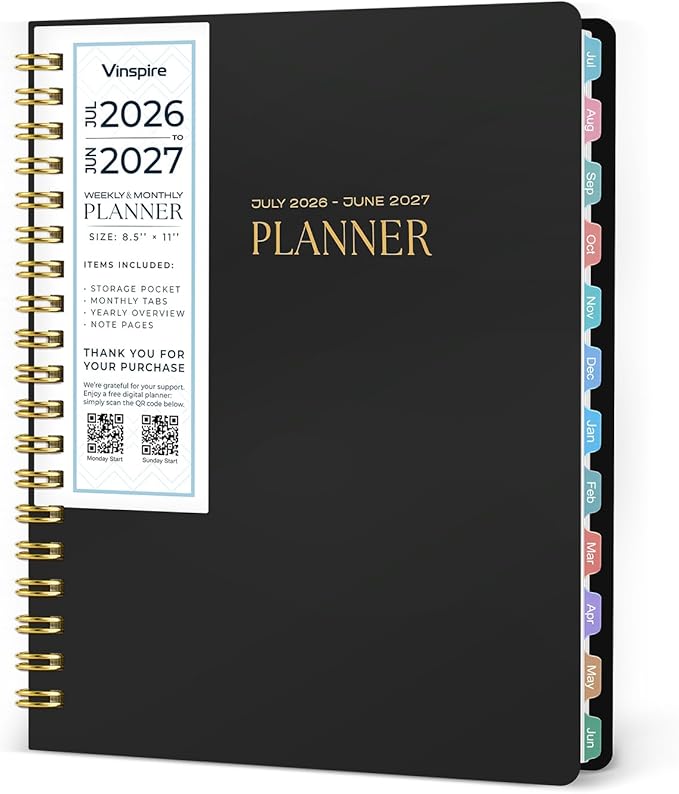 Vinspire 2026 Planner - Yearly, Monthly, and Weekly Planner 2026-2027 for Teachers & Students - Spiral US Academic Year Student Calendar Planners with Notes Pages 2026 Planner Weekly and Monthly - Large (Black, 8.5"×11")
