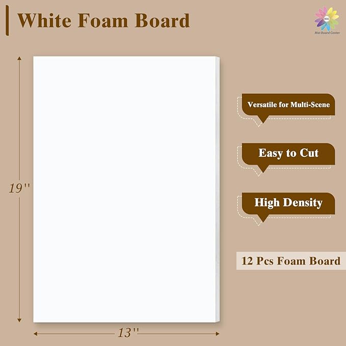 Mat Board Center, 12 Pack 13x19 White Foam Boards, Acid Free Foam Core Board, 1/8 inch Thick