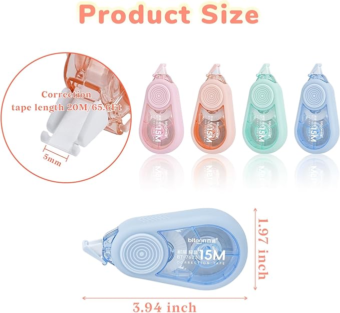 Temiary 4 Pcs White Correction Tape with Dispenser, Smooth Quick Dry Pull Out Tapes for Instant Corrections, 49.2 Ft Easy to Use Tear-Resistant Applicator for Office Note Taking, Journaling (Morandi)