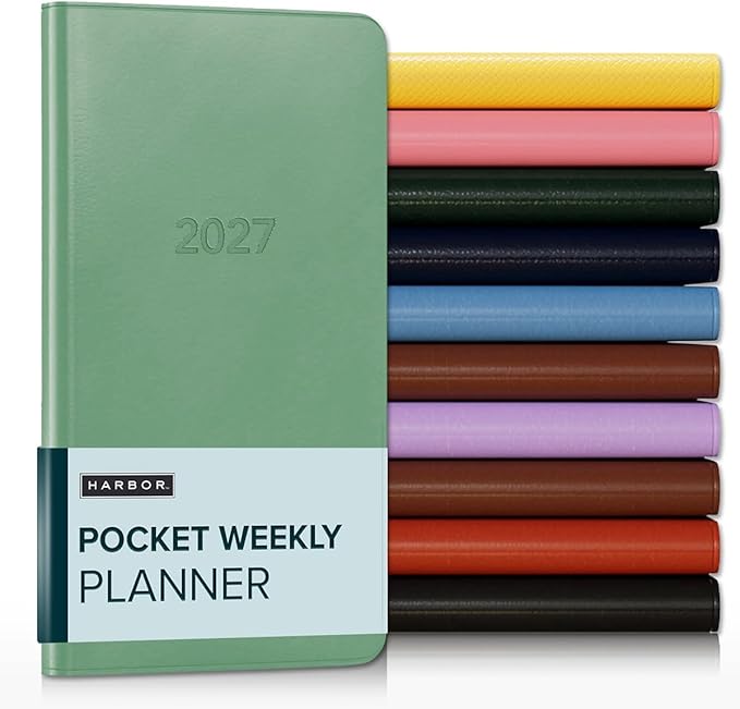 Harbor Pocket Weekly Monthly Planner 2027, Calendar Planner and Notebook, Durable Faux Leather, 192 Pages, Softcover & Book Bound - Cambridge Jade - 6x3.25"