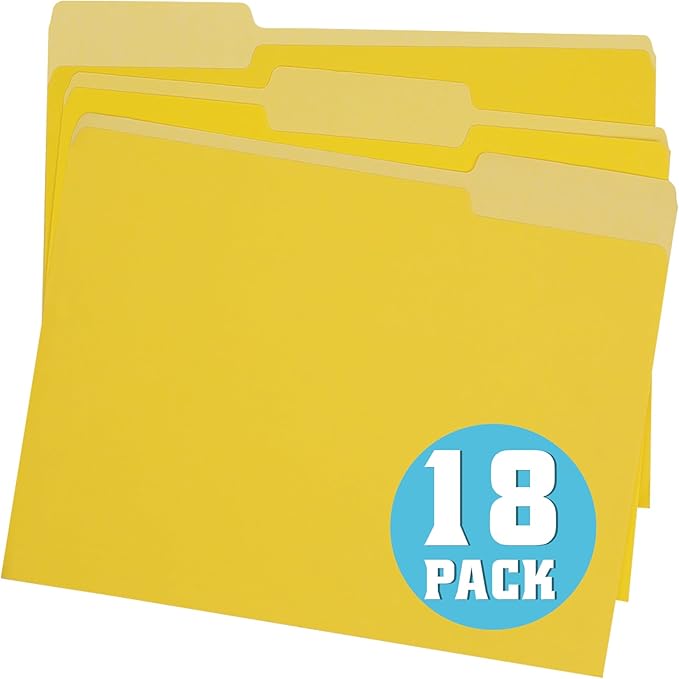 pmybupo File Folders Letter Size 18 Pack Yellow Folders 8.5 x 11 1/3-Cut Tabs,Colored File Folders Office Home School for Documents Files Paper