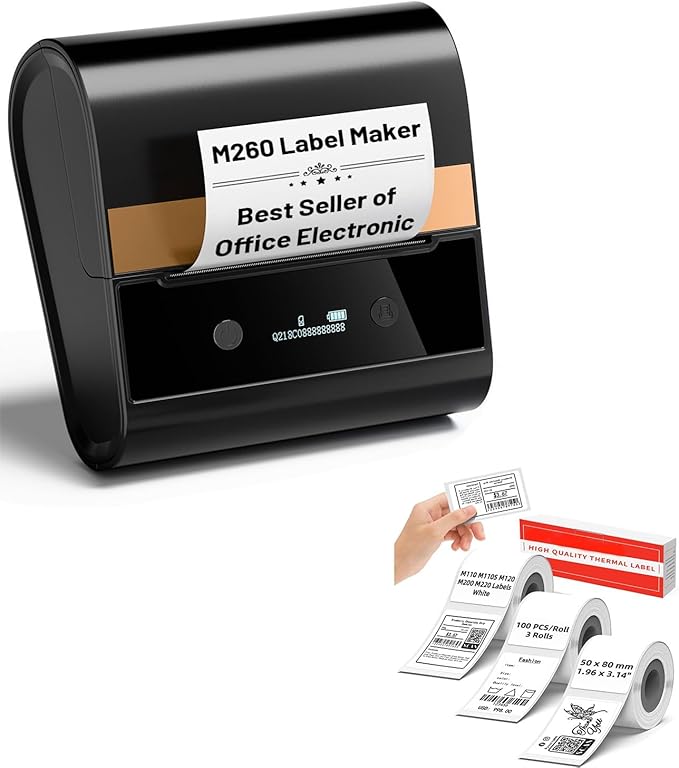 Memoking Label Maker - M260 Barcode Label Printer + 3 Roll 3.14" (50x80mm) Labels