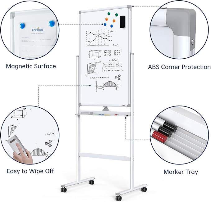 Mobile Dry Erase Board on Wheels - TANKEE 40 x 24 Magnetic Double Sided Whiteboard Easel, Large Reversible Rolling White Board with Aluminum Frame Standing for Office, Home, Classroom