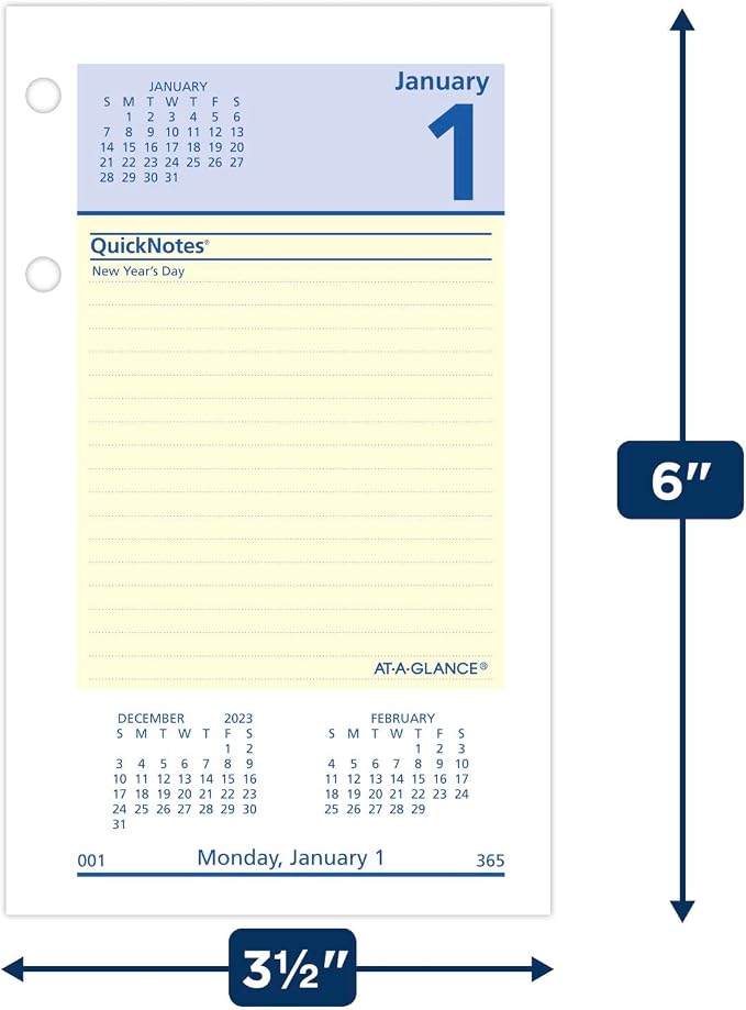 AT-A-GLANCE 2024 Daily Desk Calendar Refill, 3-1/2" x 6", Standard, Loose-Leaf, QuickNotes (E5175024)