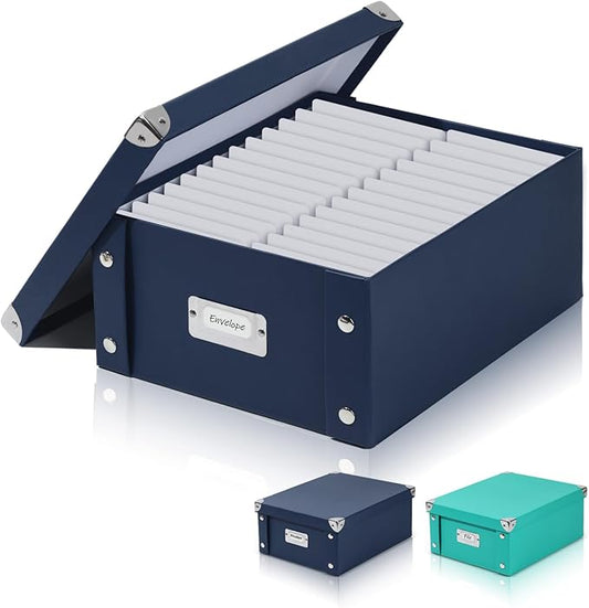 DLUGOPIS Checks Storage Box with Lid Document Boxes Banker Boxes Document Bin Foldable Cardboard Record Boxes For Business Pesonal Orangize Files 12"x10"x5"(Navy Blue, 1 pcs)