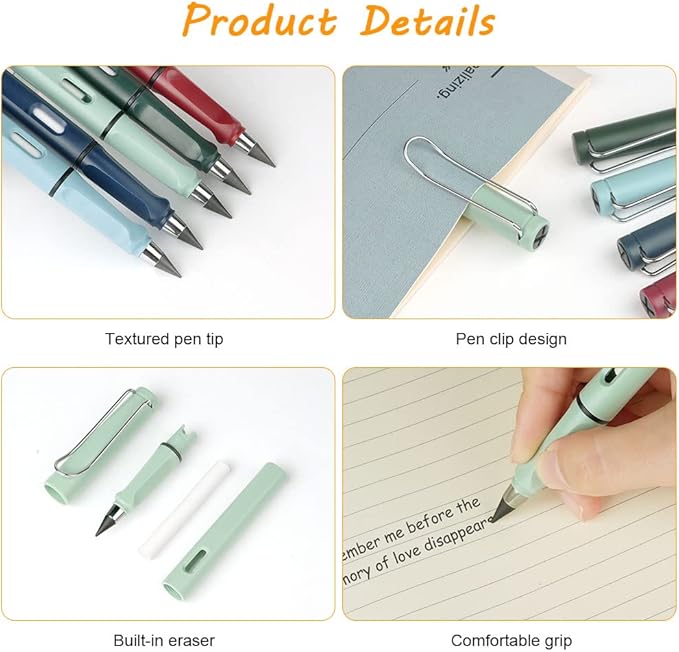 Ainiv Inkless Pencil with Eraser, 5 Sets Infinity Pencil Everlasting Pencil, Reusable Infinite Pencil with Extra 5 Eraser & 5 Replaceable Nibs, Endless Pencil for Home Office School Writing Drawing