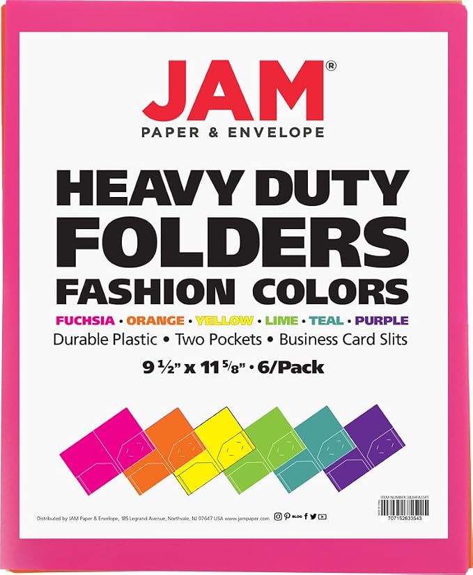 JAM PAPER Heavy Duty Plastic 2 Pocket Extra Tough School Folders - Assorted Fashion Colors - 24 Folders/Pack (4 Assorted Packs of 6)