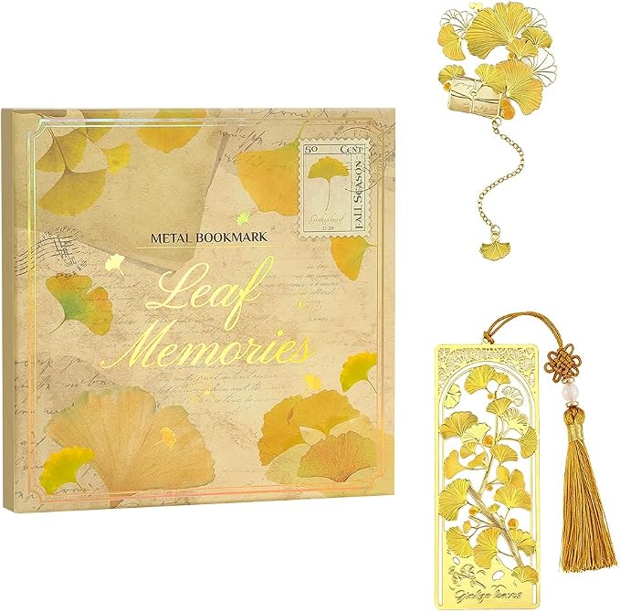 icceemee 2PCS Ginkgo Leaf Theme Bookmark, Cute Bookmark for Women with Hollow-Out Square & Irregular Design, Natural Tassel Book Marks Set in Gift Box, for Book Lovers