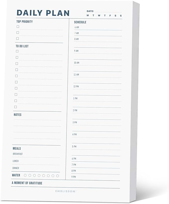 Daily Planner Notepad, 5.5 x 8.5" Tear-Off Pad – 70 Undated Sheets Focus-Enhancing Desktop Organizer with Hourly Schedule, To-Do List for Work, School (White, Minimalist, 1 Pack)