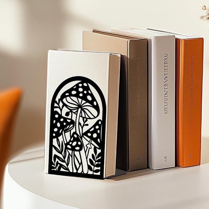 Mushroom Book Ends Design, Metal Bookends for Decorative Books, Heavy Duty Bookends for Shelves, 3.5"x4.7"x7.1" Book Stopper for Home Office School Bookshelf Decor