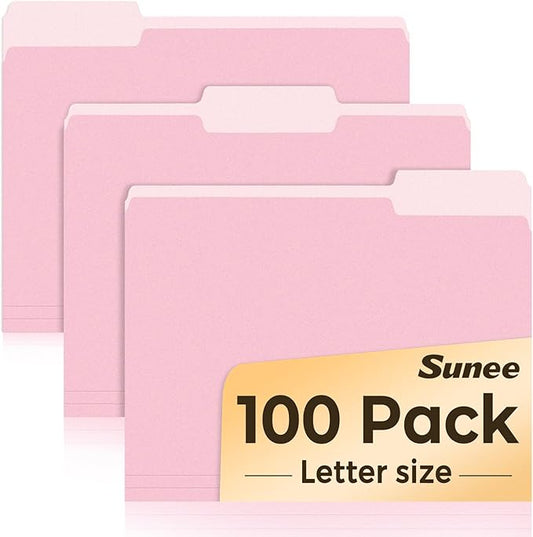 SUNEE File Folders Letter Size Pink, 100 Pack Manilla Folders 8.5 x 11 1/3-Cut Tabs, Colored File Folders Office Home School for Documents Files Paper