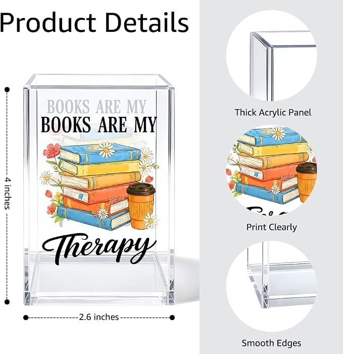 Books Are My Therapy Acrylic Pen Holder Cosmetic Organizer, Funny Book Pen Pencil Holders for Desk, Bookmark Holder for Bookshelf, Desk Accessories Bookish Gifts for Librarian Reader Teacher