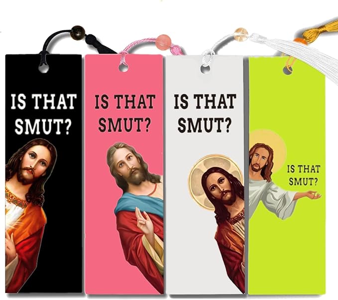 2 Pack Peeking Jesus is that Smut?Bookmark Inscribed with Hilarious Text and Tassels for Book Lovers,Funny Bookmarks for Adults Humor(Yellow&White-X)