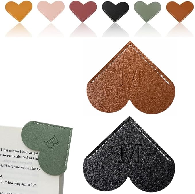 Personalized Leather Heart Bookmark, 26 Letters Customized Corner Book Mark for Reading Women, Book Marker with Initials，Cute Gifts (Black+Dark Brown, N)
