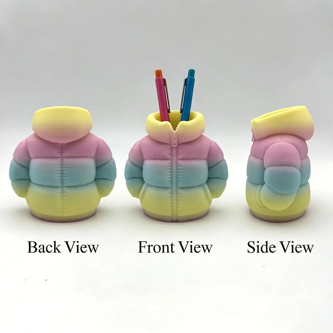 YOKUSHI Down Jacket Pen Holder, 3D Printed Funny Puffer Jacket Pencil Holder, Creative Desk Organizer for Office Supplies, Cute Unique Stationery Holder for Desk, Quirky Gift for Women Men (Colored)