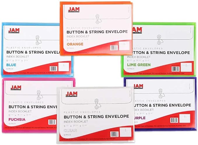 JAM PAPER Plastic Envelopes with Button & String Tie Closure - Index Size - 5 1/2 x 7 1/2 - Assorted Colors - 6/Pack