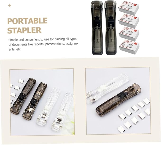 Reusable Stapler with 2 Black Desktop Paper Clip Dispensers and 200pcs Refill Clips, Multi-Function Office Stapler for Document Binding and File Organization