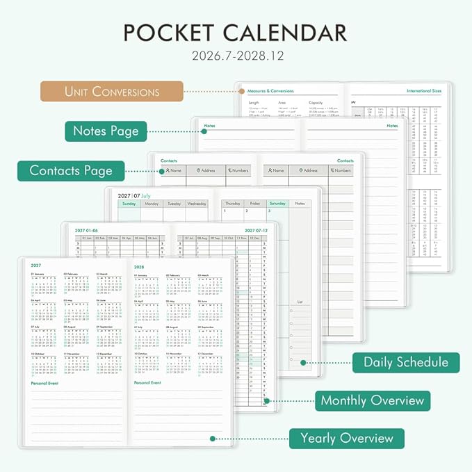 Pocket Calendar 2026-2028 for Purse,Small Pocket Planner 2026-2028 for Purse 3.5×6.5In,30 Month Organizer from Jul 2026 to Dec 2028 Mini Planner with Pvc Cover for Organizing & Planning