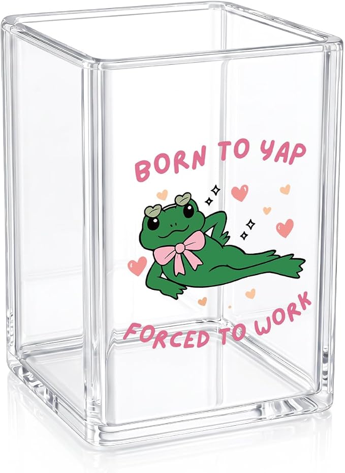 Funny Frog Pen Holder for Desk - Born To Yap Forced To Work - Clear Acrylic Makeup Brush Holder, Cute Aesthetic Office Decor, Relatable Coworker Gag Gift, Sarcastic Desk Accessories for Women