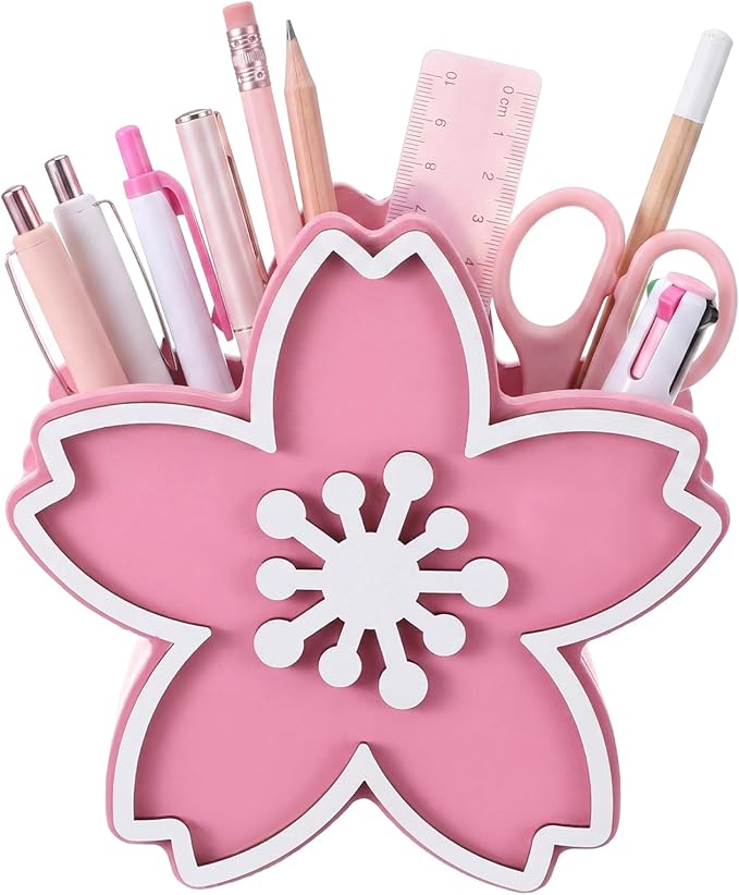 Tenceur Pink Cherry Blossom Holder for Desk Large Capacity Cherry Blossom Pencil Holder Coquette Supplies Desk Organizer Teacher Office Decor Makeup Brush Holders Back to School Gift for Girls Women