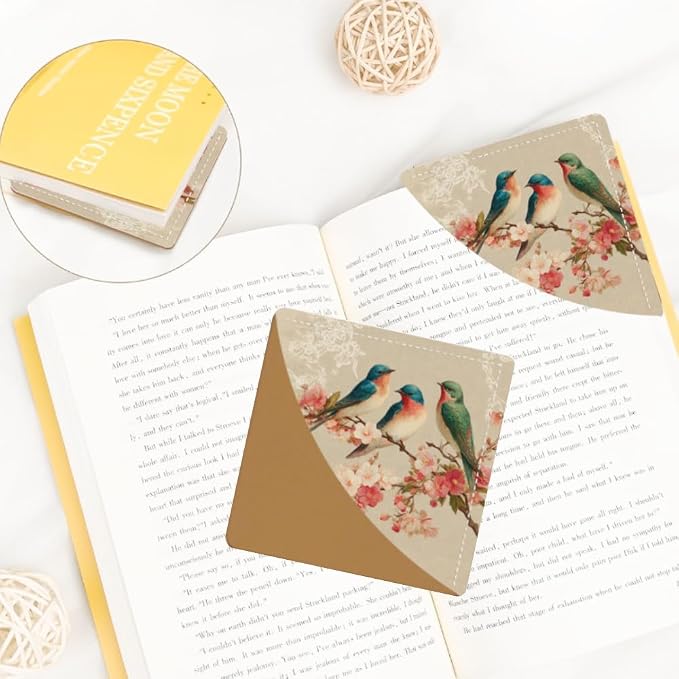 2PCS PU Leather Bookmarks 3.5x3.5 Inch Birds Cherry Blossom Design | PU leather bookmarks with birds cherry blossom design for novels, journals, planners, students, teachers and book lovers