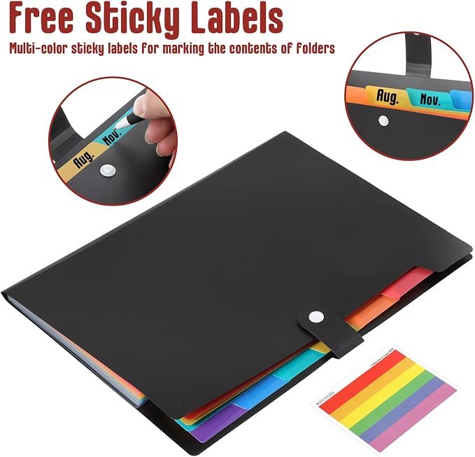 12 PCS Expanding File Folder Set with Labels - Premium A4 Letter Size Accordion Folder, Multi-Color Plastic Accordion File Organizer for Office Home Supplies