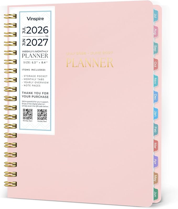 Vinspire 2026 Planner - Yearly, Monthly, and Weekly Planner 2026-2027 for Teachers & Students - Spiral US Academic Year Student Calendar Planners with Notes Pages 2026 Planner Weekly and Monthly - Small (Pink, 6.3“×8.4”)