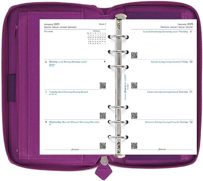 Filofax Saffiano Zip Organizer, Personal Compact Size, Rasperry - Cross-Grain, Leather-Look, Six Rings, Week-to-View Calendar Diary, Multilingual, 2025 (C022535-25)
