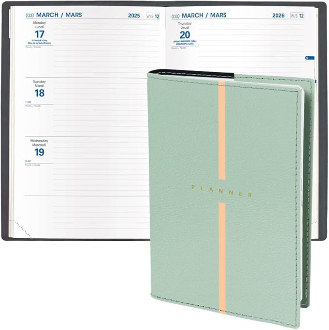 Quo Vadis 2026 Hebdo - Bi-Lingual (EN/FR) - Weekly/Monthly Planner - 12 Months, Jan. to Dec. - 6 1/4 x 9 3/8" - Smooth Faux Leather Billy Green Covers - Productivity Time Management Organizer